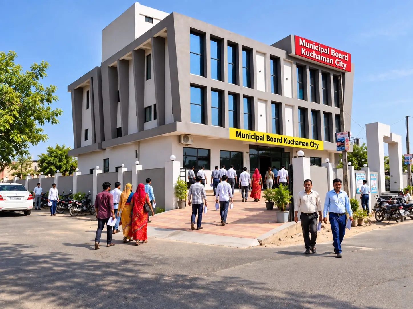 Front view of Municipal Board Kuchaman City building with citizens and visitors